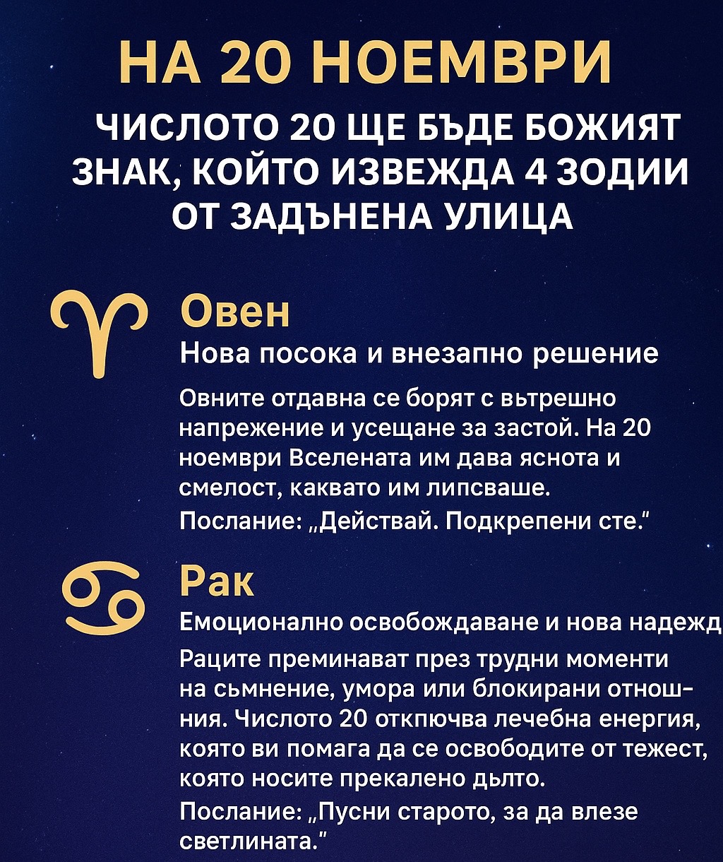 На 20 ноември: Числото 20 ще бъде Божият начин да изведе 4 зодии от задънена улица